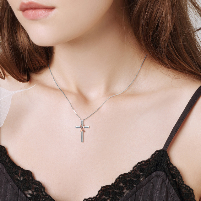 Sterling Silver Two-tone Cubic Zirconia Cross & Ribbon Pendant Necklace with Engraved Word-2