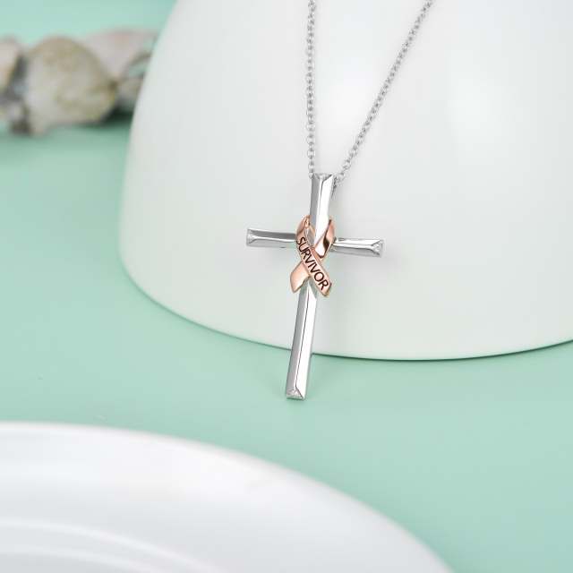 Sterling Silver Two-tone Cubic Zirconia Cross & Ribbon Pendant Necklace with Engraved Word-4