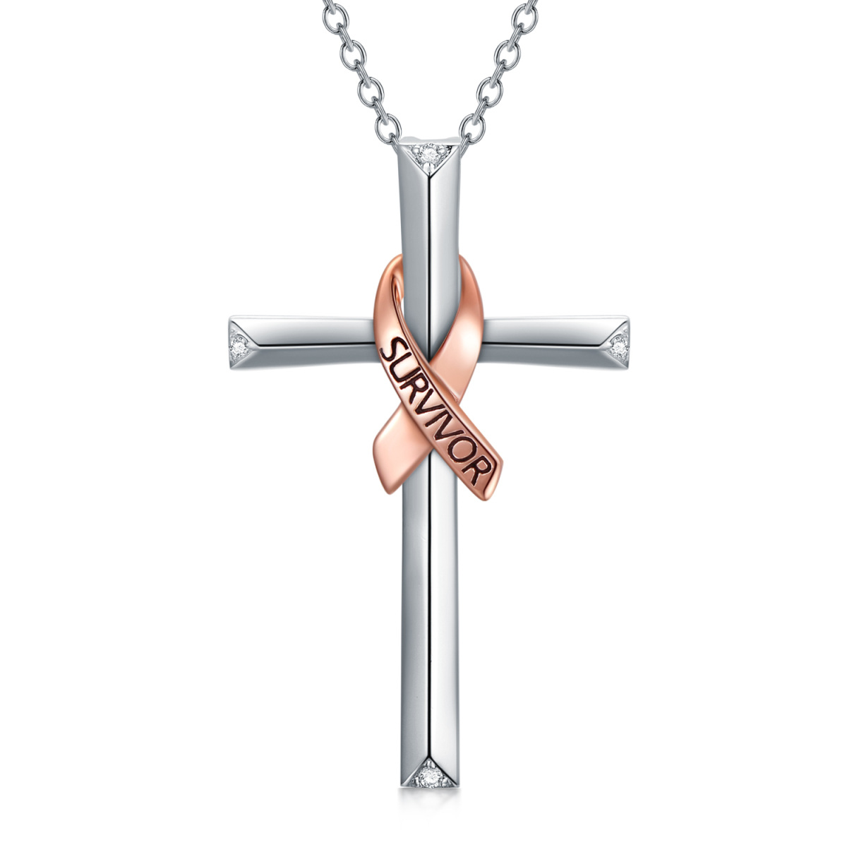 Collier en argent sterling à pendentif croix et ruban en zircon cubique bicolore avec mot-1