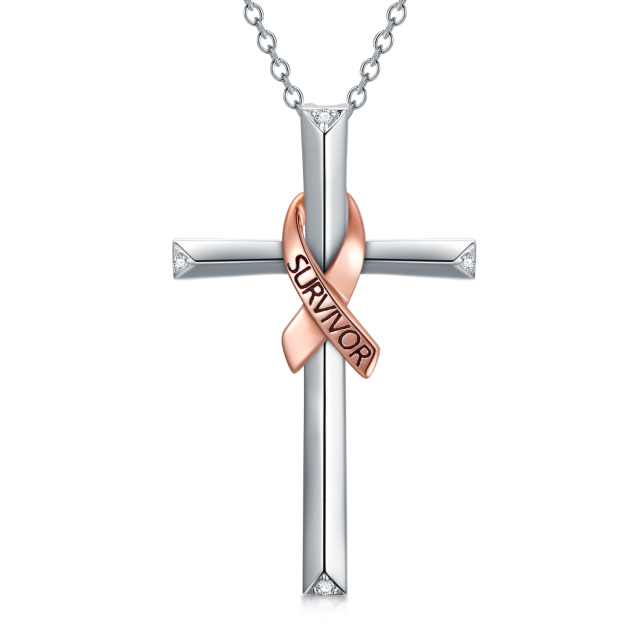 Sterling Silver Two-tone Cubic Zirconia Cross & Ribbon Pendant Necklace with Engraved Word-1