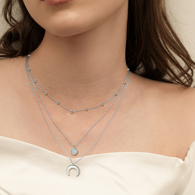 Sterling Silver Round Moonstone Moon Layered Necklace-1