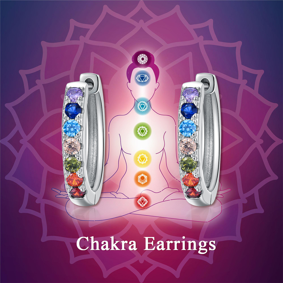 Sterling Silver Cubic Zirconia Chakras Hoop Earrings-5