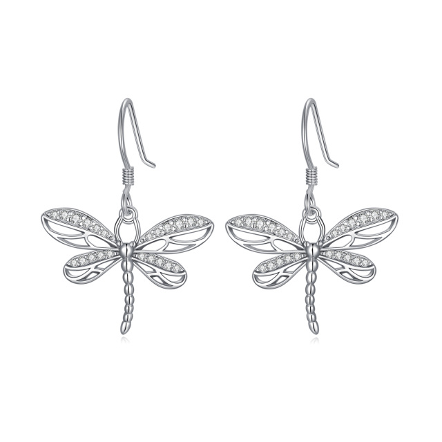 Sterling Silver Circular Shaped Cubic Zirconia Dragonfly Drop Earrings-1