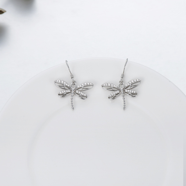 Sterling Silver Circular Shaped Cubic Zirconia Dragonfly Drop Earrings-4