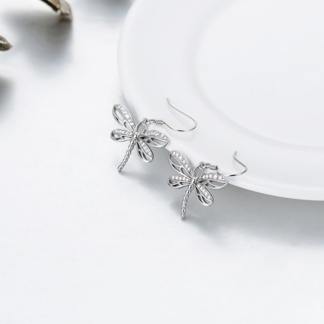 Sterling Silver Circular Shaped Cubic Zirconia Dragonfly Drop Earrings-3