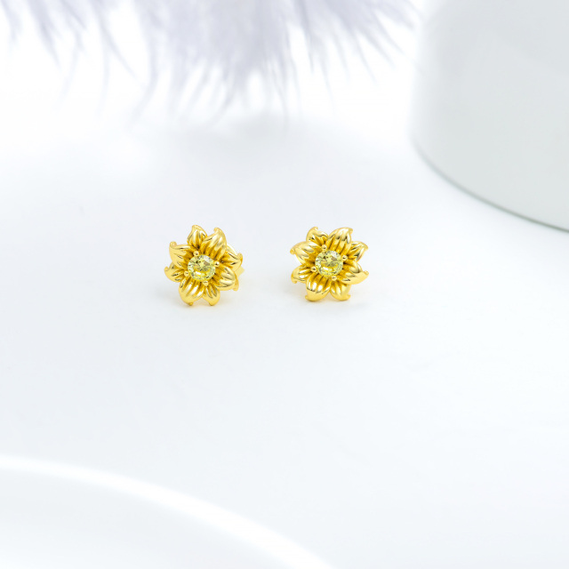 Sterling Silver with Yellow Gold Plated Circular Shaped Cubic Zirconia Sunflower Stud Earrings-2