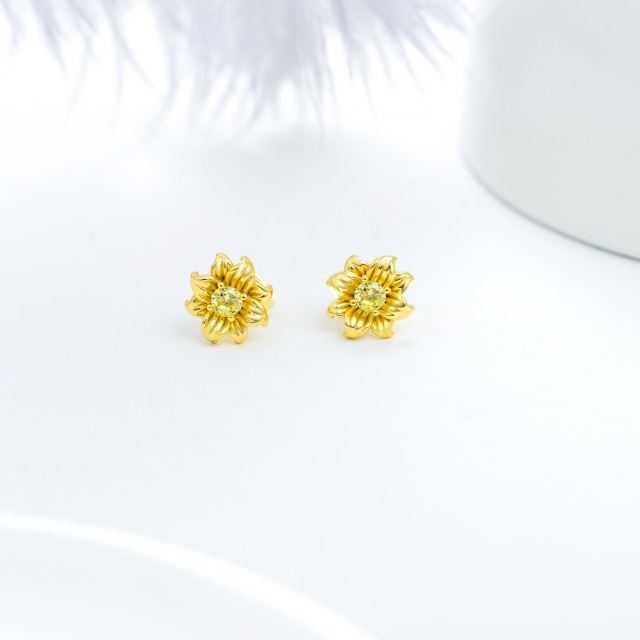 Sterling Silber mit Gelbgold plattiert kreisförmige Cubic Zirkonia Sonnenblume Ohrstecker-2