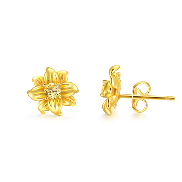 Sterling Silver with Yellow Gold Plated Circular Shaped Cubic Zirconia Sunflower Stud Earrings-0