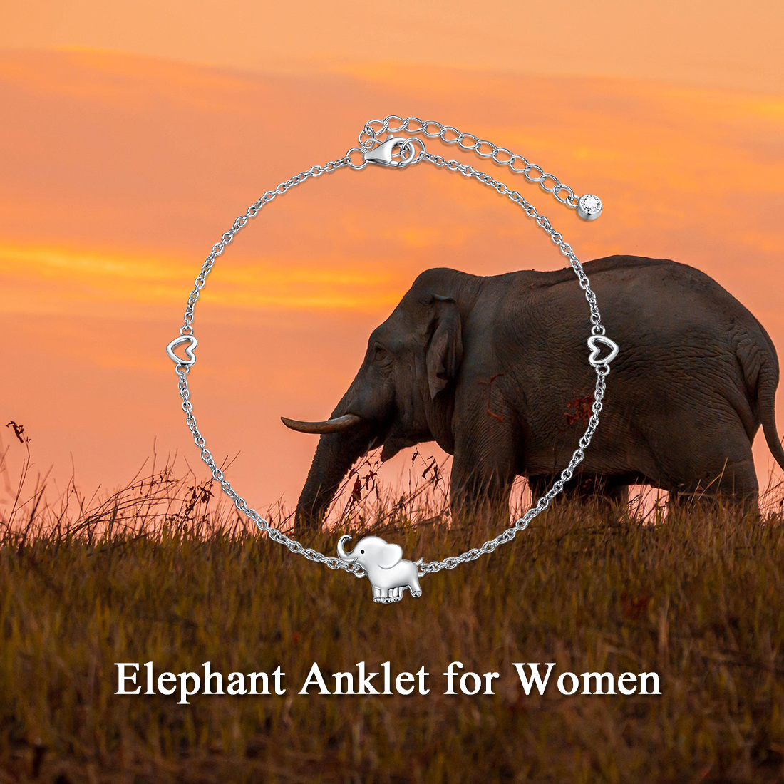 Sterling Silver Elephant & Heart Single Layer Anklet-6
