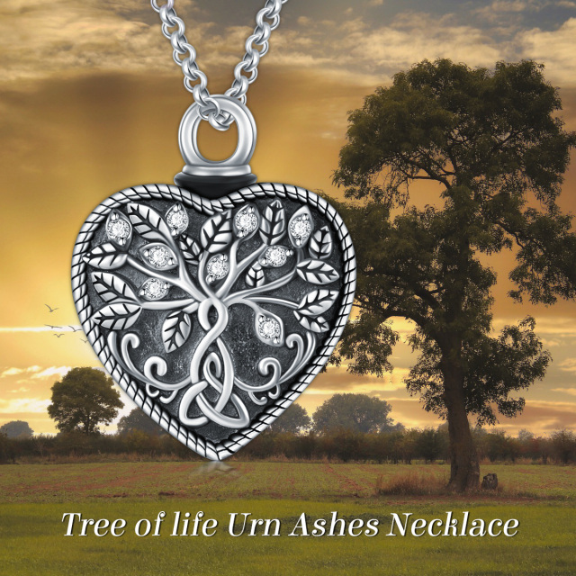 Sterling Silver Circular Shaped Crystal Tree Of Life & Celtic Knot Urn Necklace for Ashes with Engraved Word-3