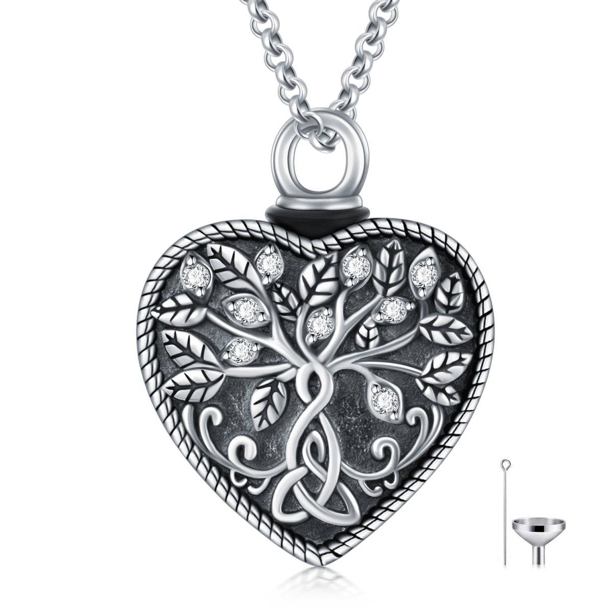 Sterling Silver Circular Shaped Crystal Tree Of Life & Celtic Knot Urn Necklace for Ashes with Engraved Word-1