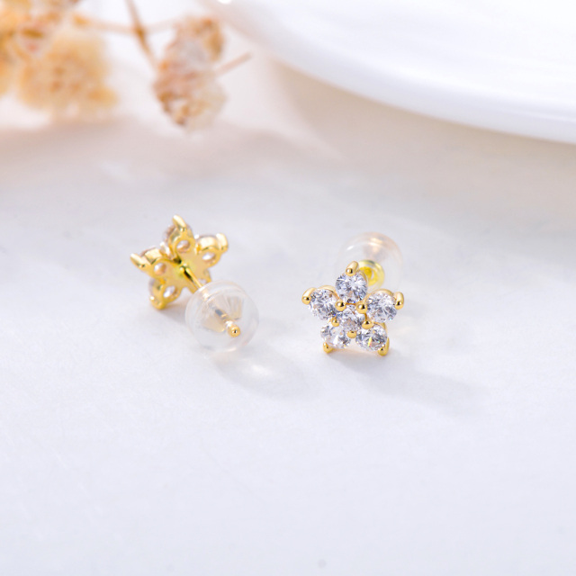 14K Gold Cubic Zirconia Peony Flower Stud Earrings-3