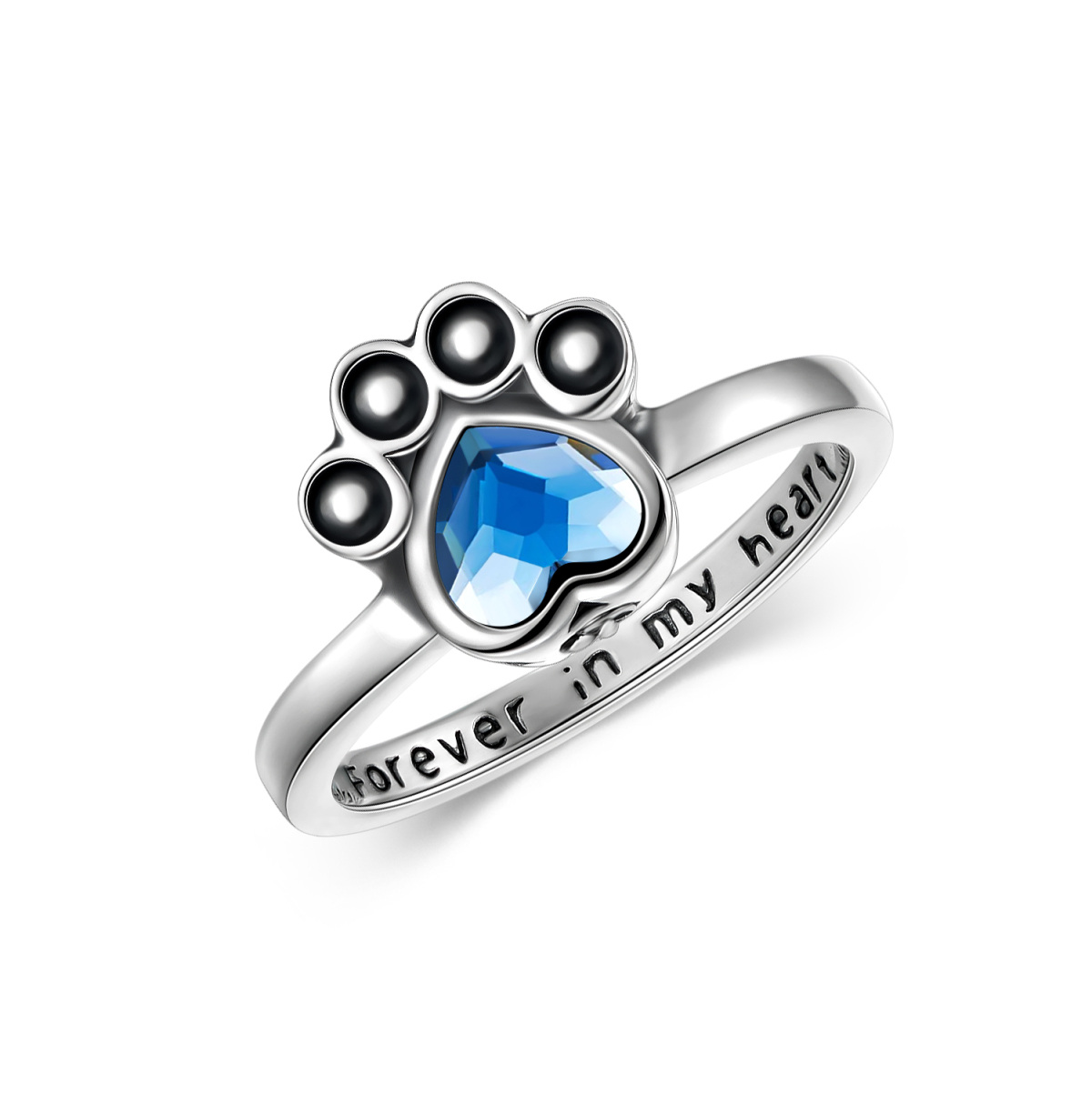 Sterling Silver Crystal Paw & Heart Ring with Engraved Word-1
