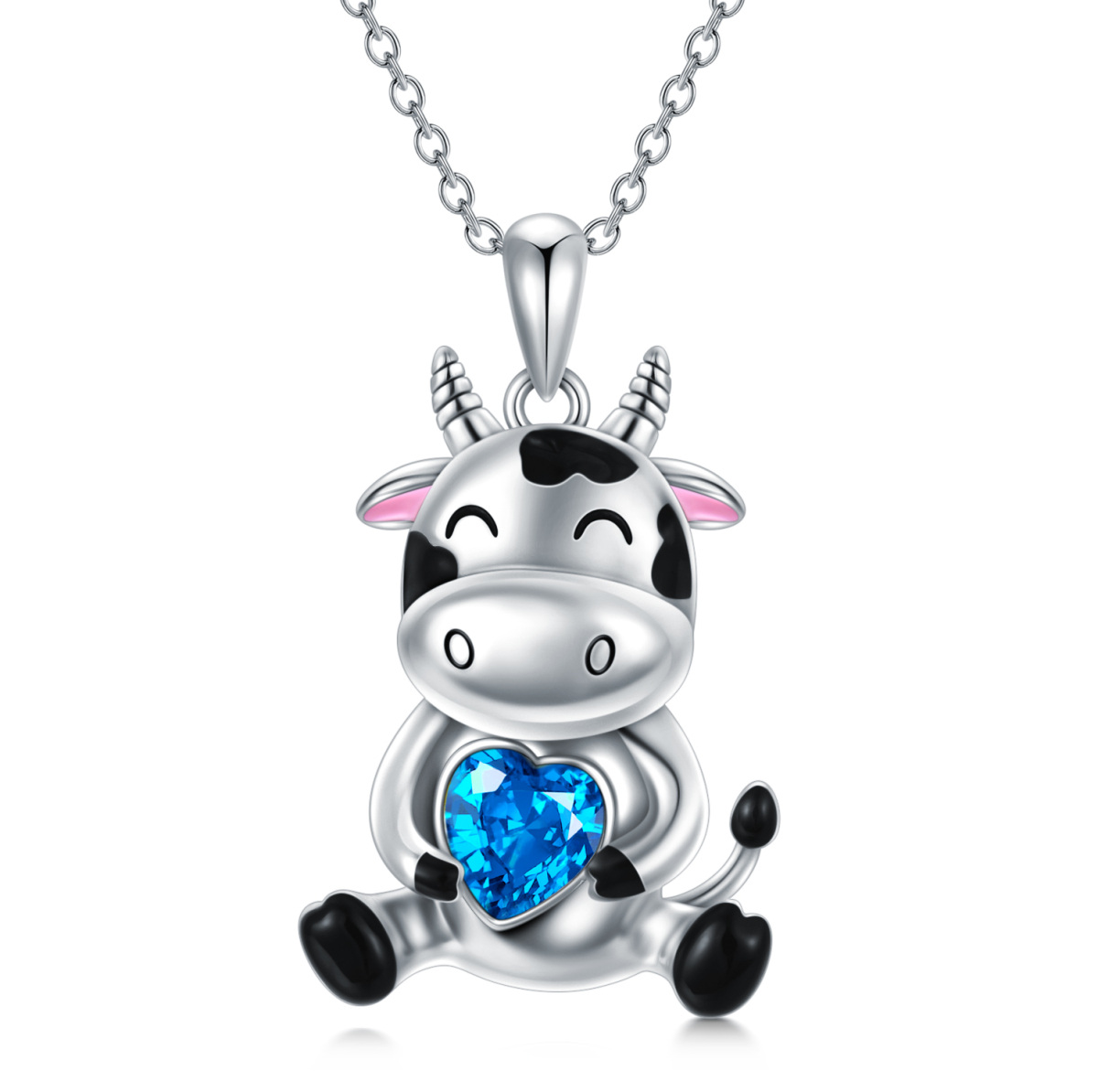 Sterling Silver Heart Shaped Crystal Cow & Heart Pendant Necklace-1