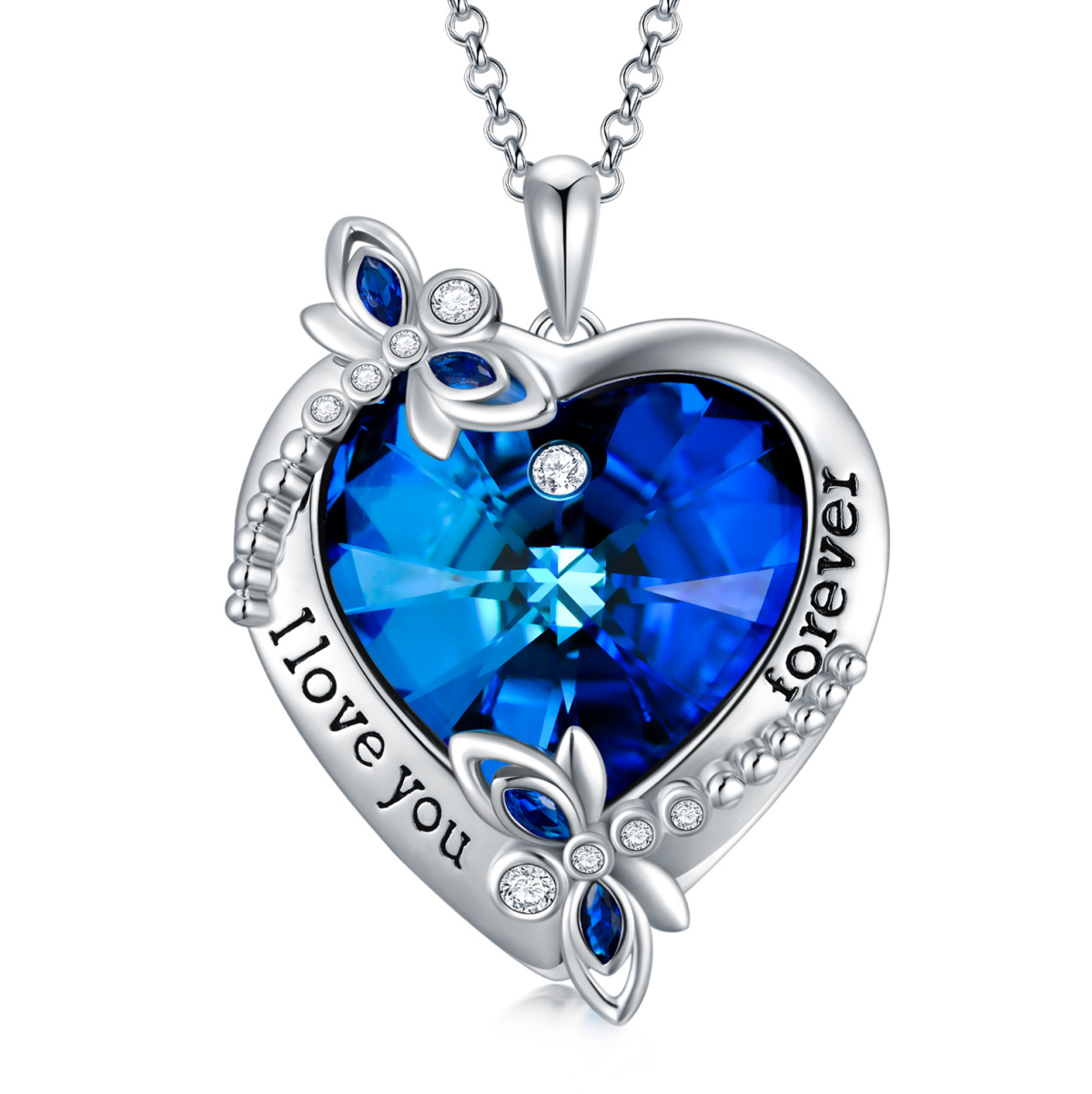 Sterling Silver Heart Shaped Dragonfly & Heart Crystal Pendant Necklace with Engraved Word-1
