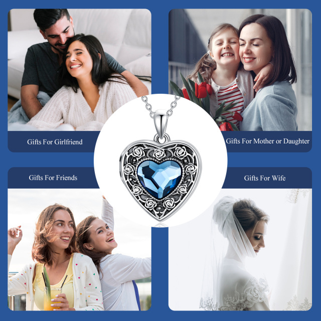 Sterling Silver Heart Crystal Rose & Heart Personalized Photo Locket Necklace with Engraved Word-3