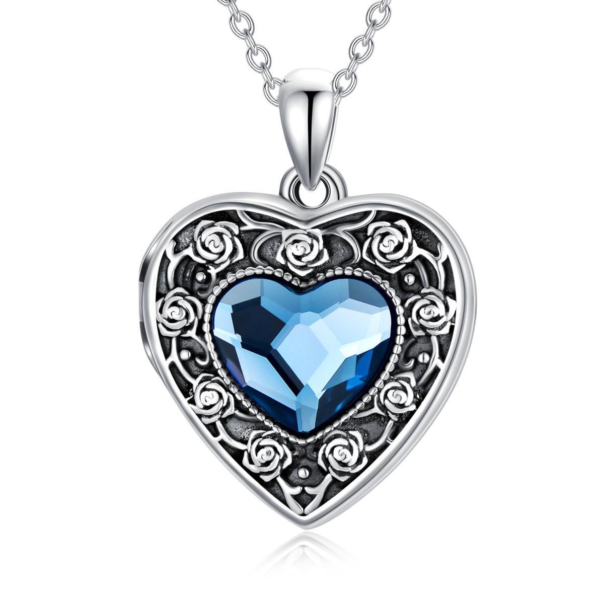 Sterling Silver Heart Crystal Rose & Heart Personalized Photo Locket Necklace with Engraved Word-1