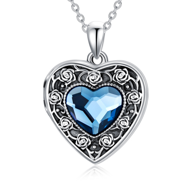 Sterling Silver Heart Crystal Rose & Heart Personalized Photo Locket Necklace with Engraved Word-0