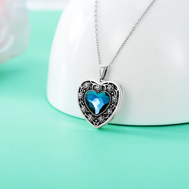 Sterling Silver Heart Crystal Rose & Heart Personalized Photo Locket Necklace with Engraved Word-4