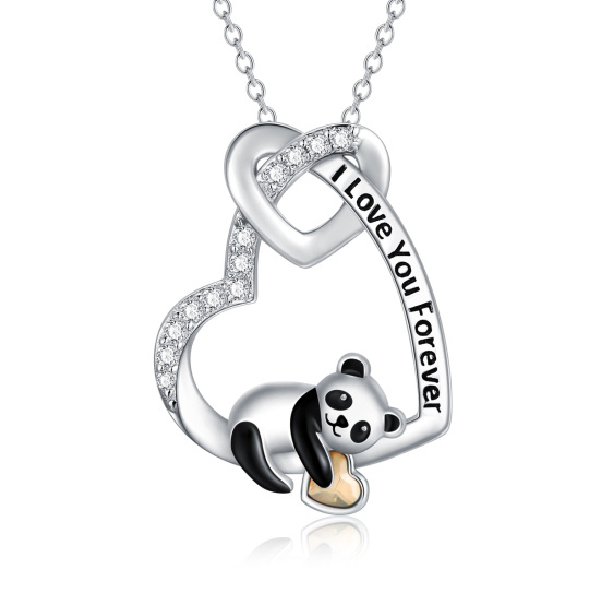 Sterling Silver Heart Shaped Cubic Zirconia Panda & Heart Pendant Necklace with Engraved Word