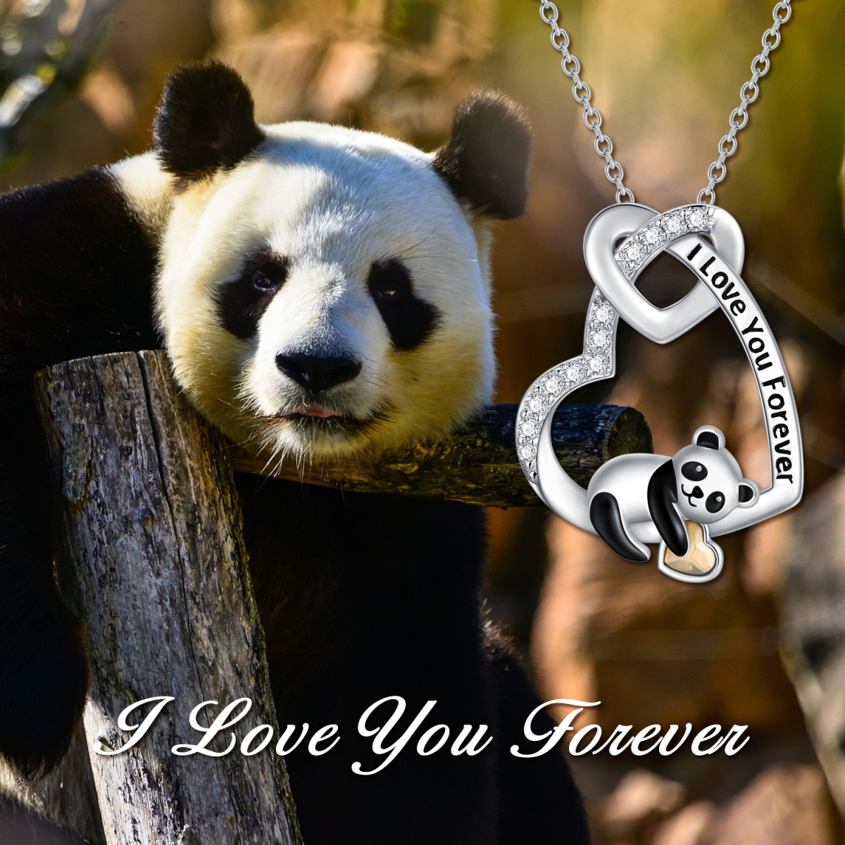 Sterling Silver Heart Shaped Cubic Zirconia Panda & Heart Pendant Necklace with Engraved Word-6