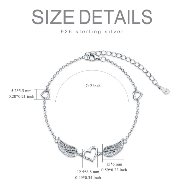 Sterling Silver Circular Shaped Cubic Zirconia Angel Wing & Heart Pendant Bracelet-4