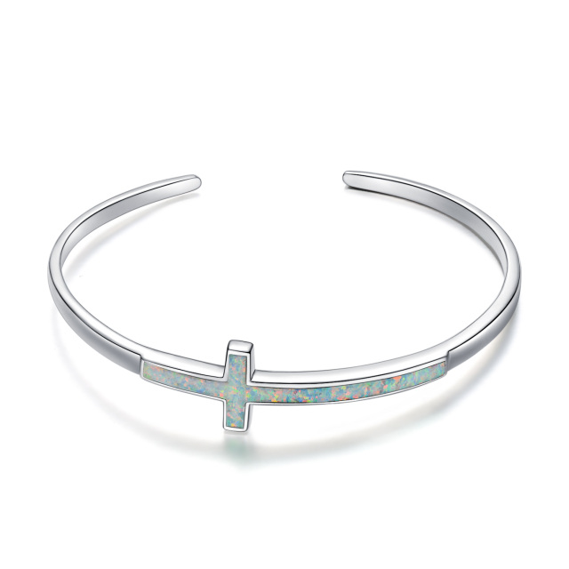 Sterling Silver Opal Cross Plain Bangle-3