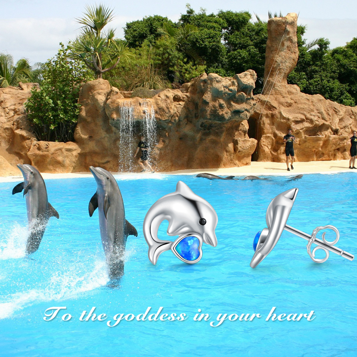 Pendientes de plata de ley con forma de corazón de ópalo y delfín-6