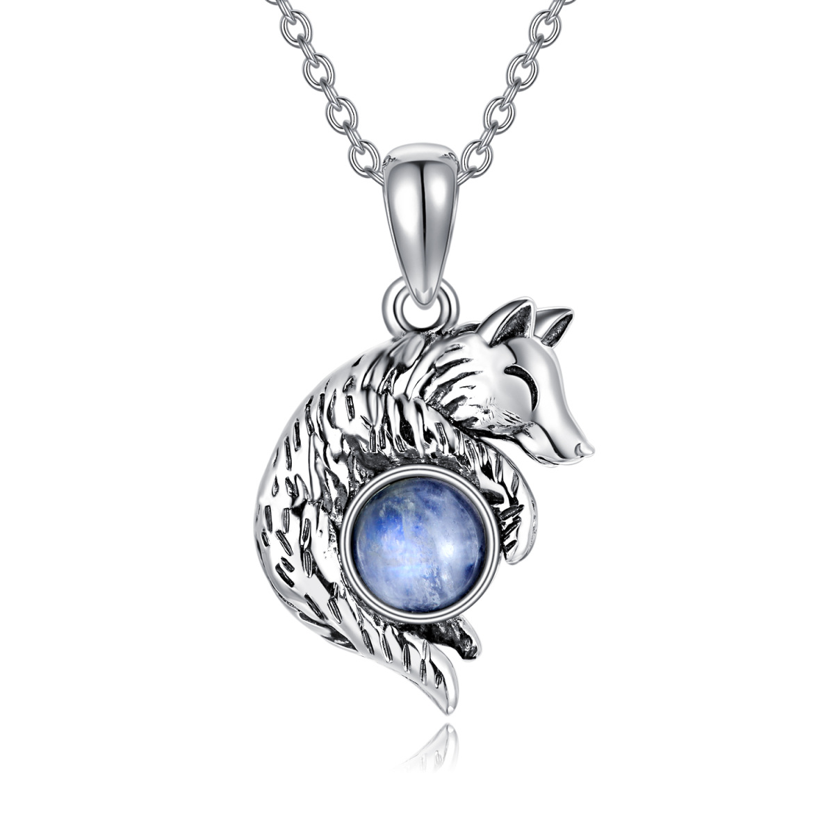 Sterling Silver Circular Shaped Moonstone Wolf Pendant Necklace-1