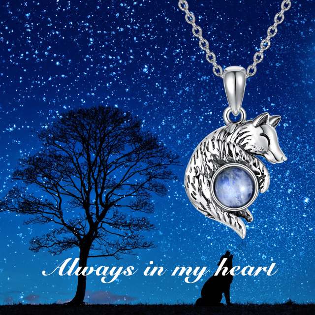 Sterling Silver Circular Shaped Moonstone Wolf Pendant Necklace-5