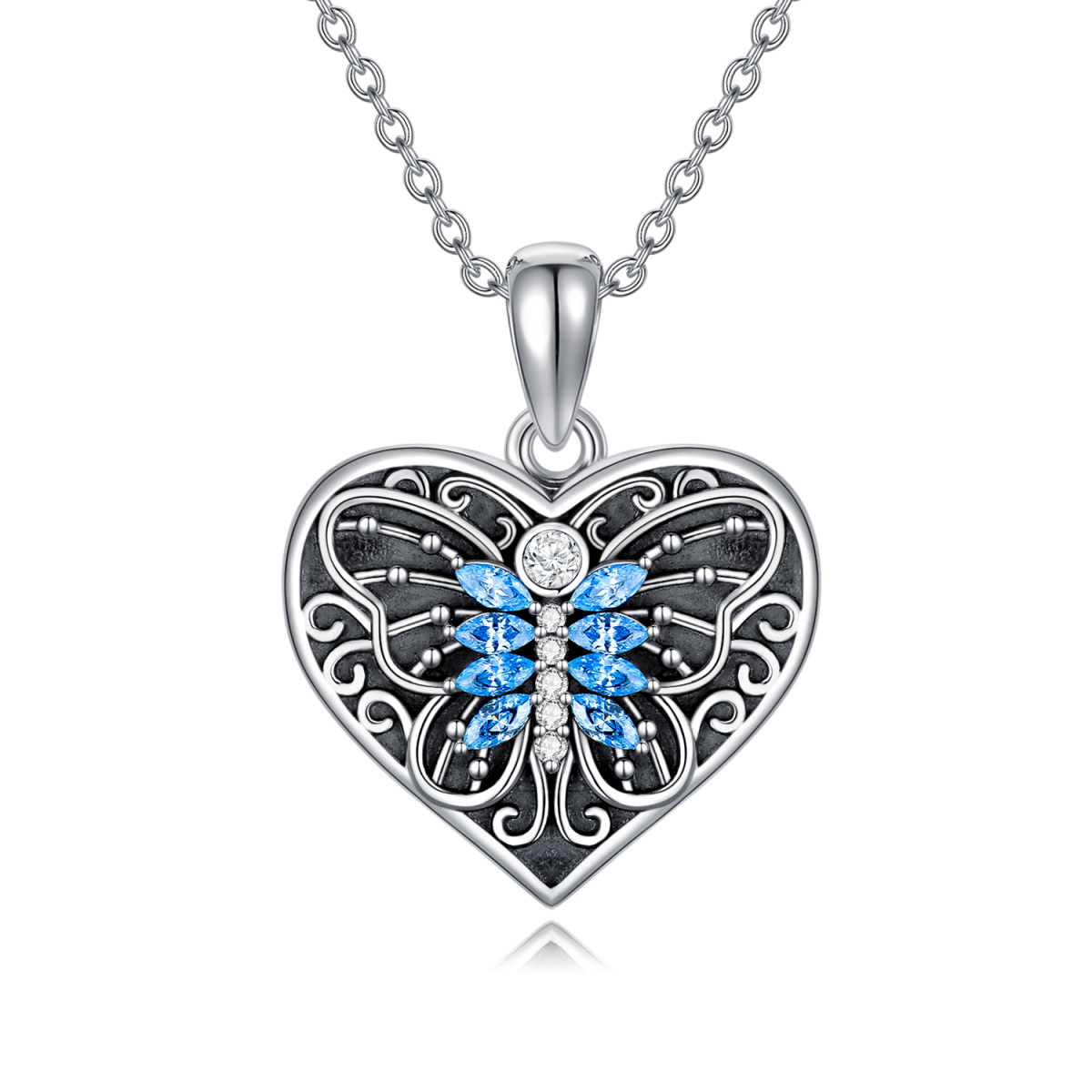 925 Sterling Silver Personalized Heart Butterfly Zircon Photo Locket Necklace-1