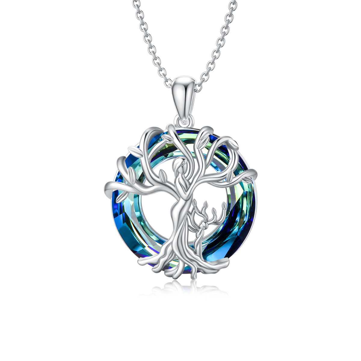Sterling Silver Circular Shaped Tree Of Life Crystal Pendant Necklace-1