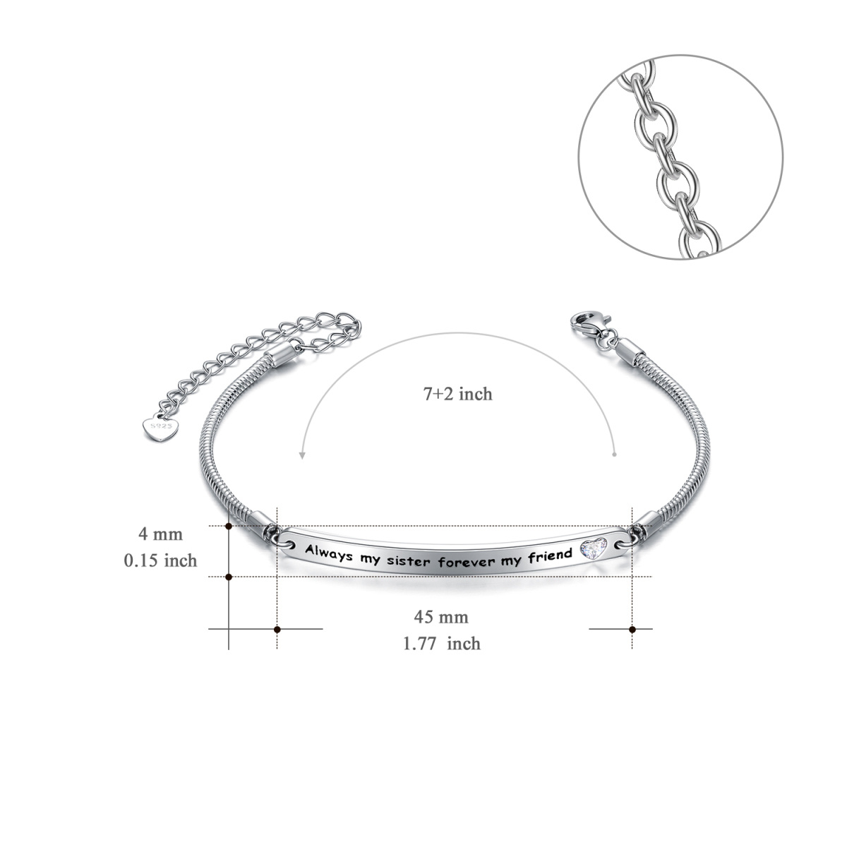 Sterling Silver Heart Shaped Crystal Sisters & Heart Identification Bracelet with Engraved Word-7