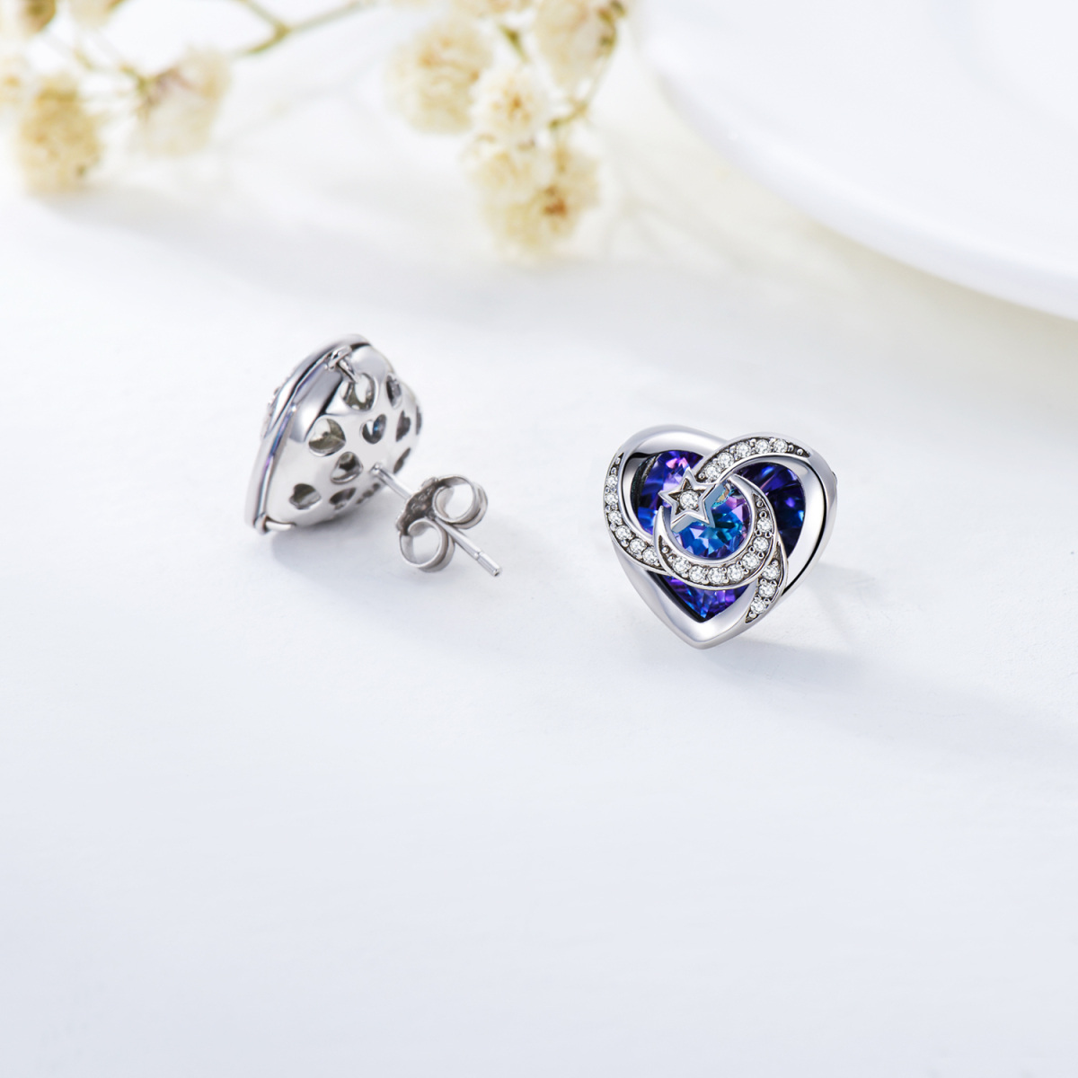 Sterling Silver Heart Shaped Crystal Heart & Moon & Star Stud Earrings-3