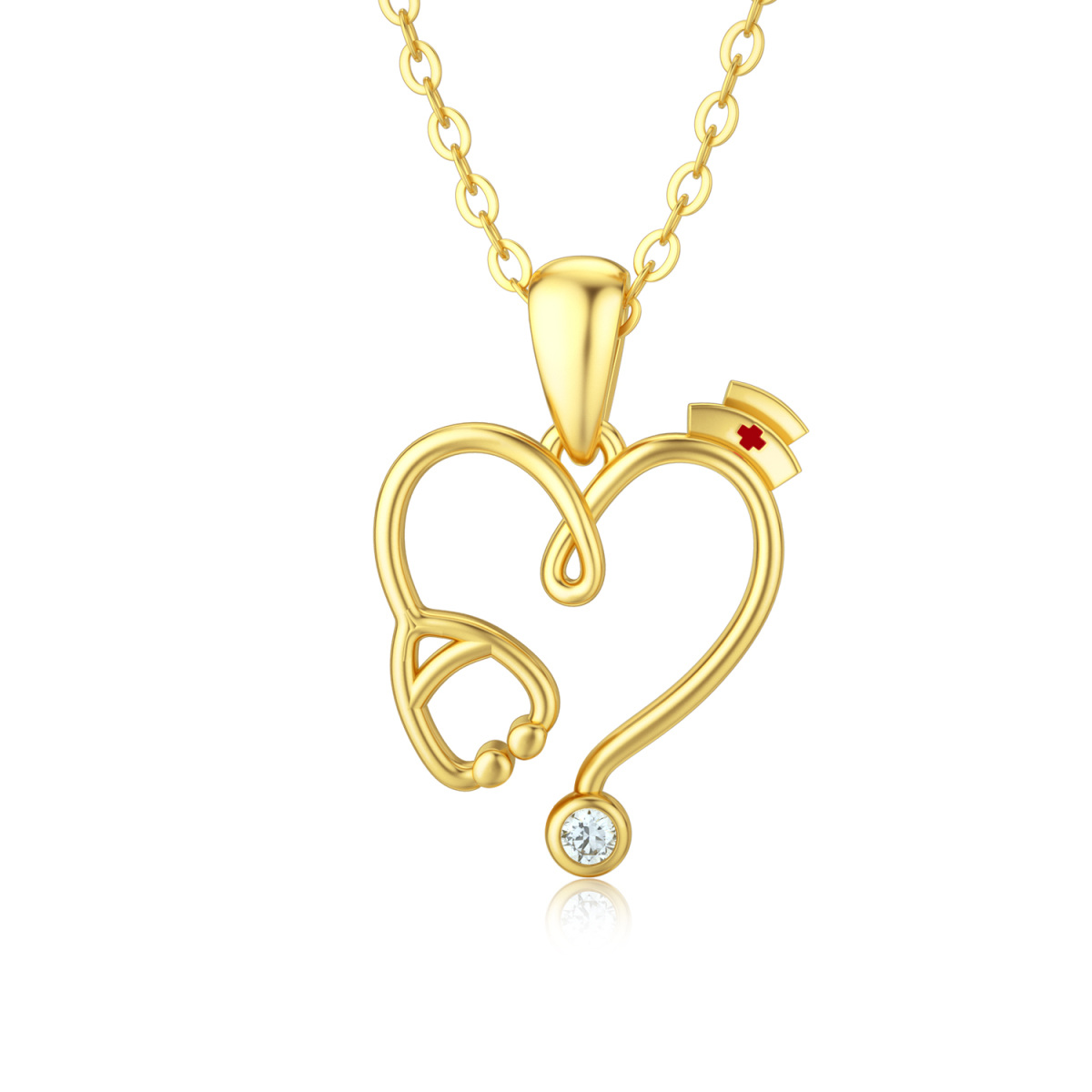 14K Gold Moissanite Heart & Stethoscope Pendant Necklace-1