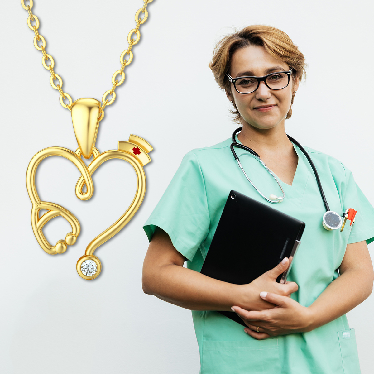 Collar de estetoscopio de oro de 14 quilates con moissanita para colgante de médico y enfermera-6