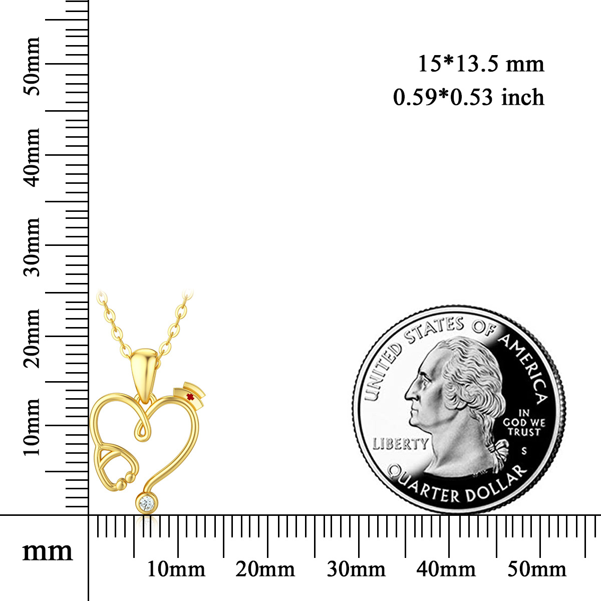 Collier pendentif stéthoscope coeur moissanite en or 14 carats-6