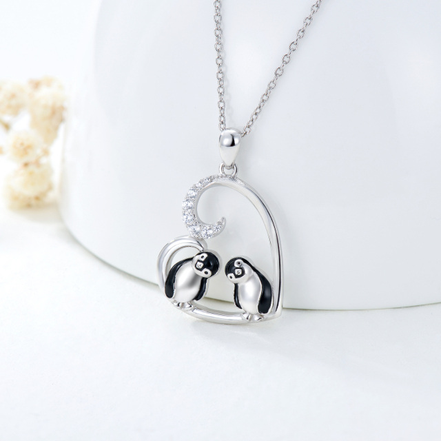 Sterling Silver Cubic Zirconia Couple Penguin & Heart Pendant Necklace-2