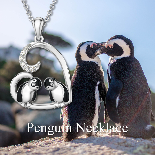 Sterling Silver Cubic Zirconia Couple Penguin & Heart Pendant Necklace-4