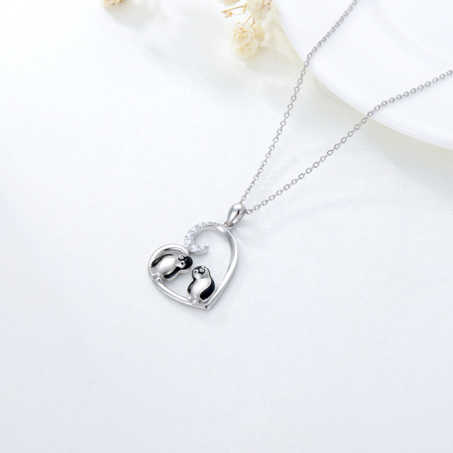 Plata de ley Cubic Zirconia Pareja Pingüino y Corazón Collar Colgante-2