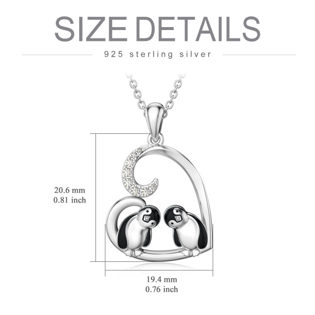 Sterling Silver Cubic Zirconia Couple Penguin & Heart Pendant Necklace-5