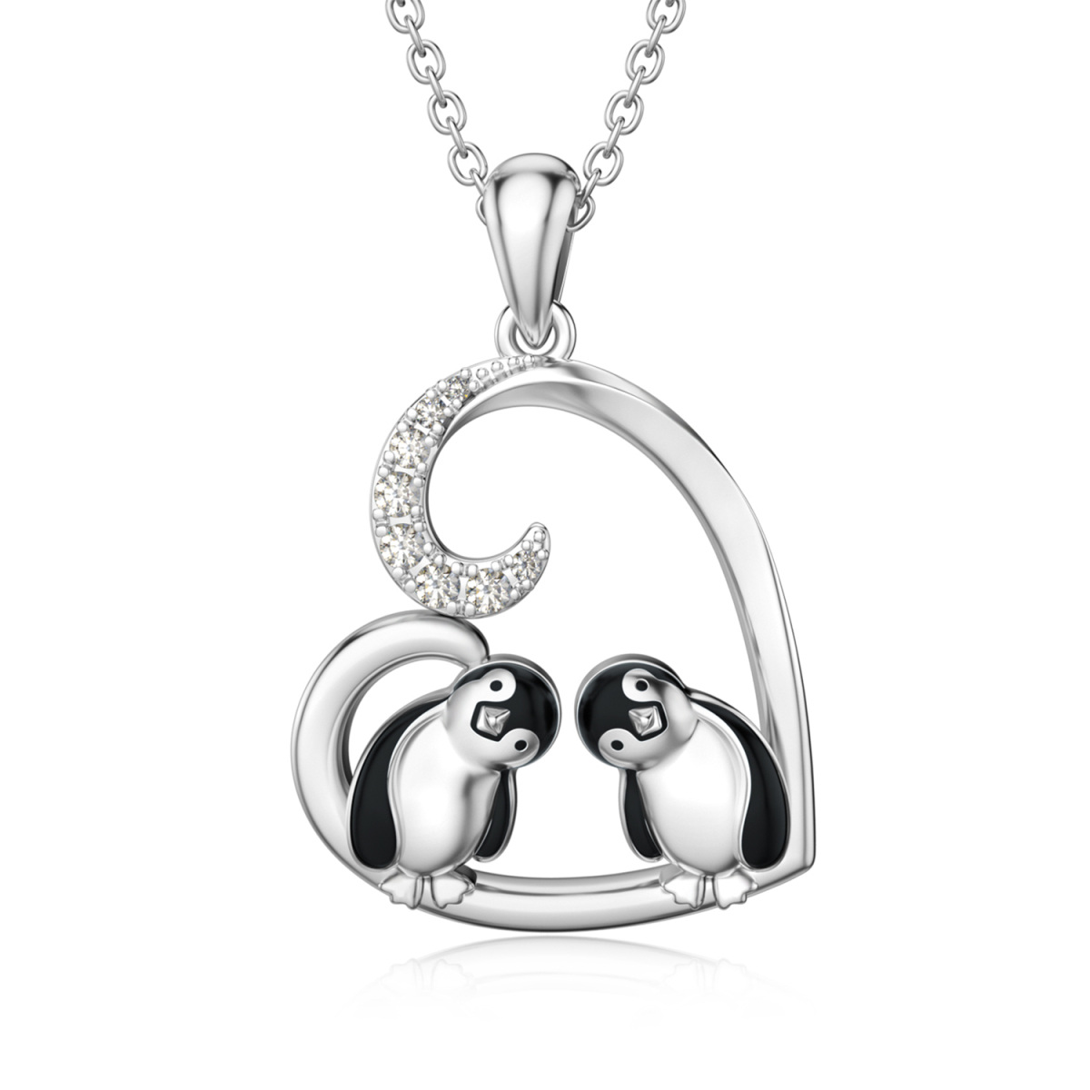 Sterling Silber Cubic Zirkonia Paar Pinguin & Herz-Anhänger Halskette-1