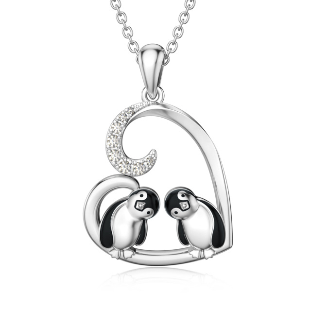 Sterling Silver Cubic Zirconia Couple Penguin & Heart Pendant Necklace-1