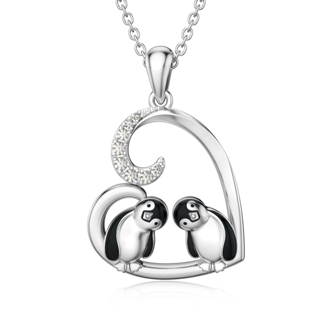 Plata de ley Cubic Zirconia Pareja Pingüino y Corazón Collar Colgante-0