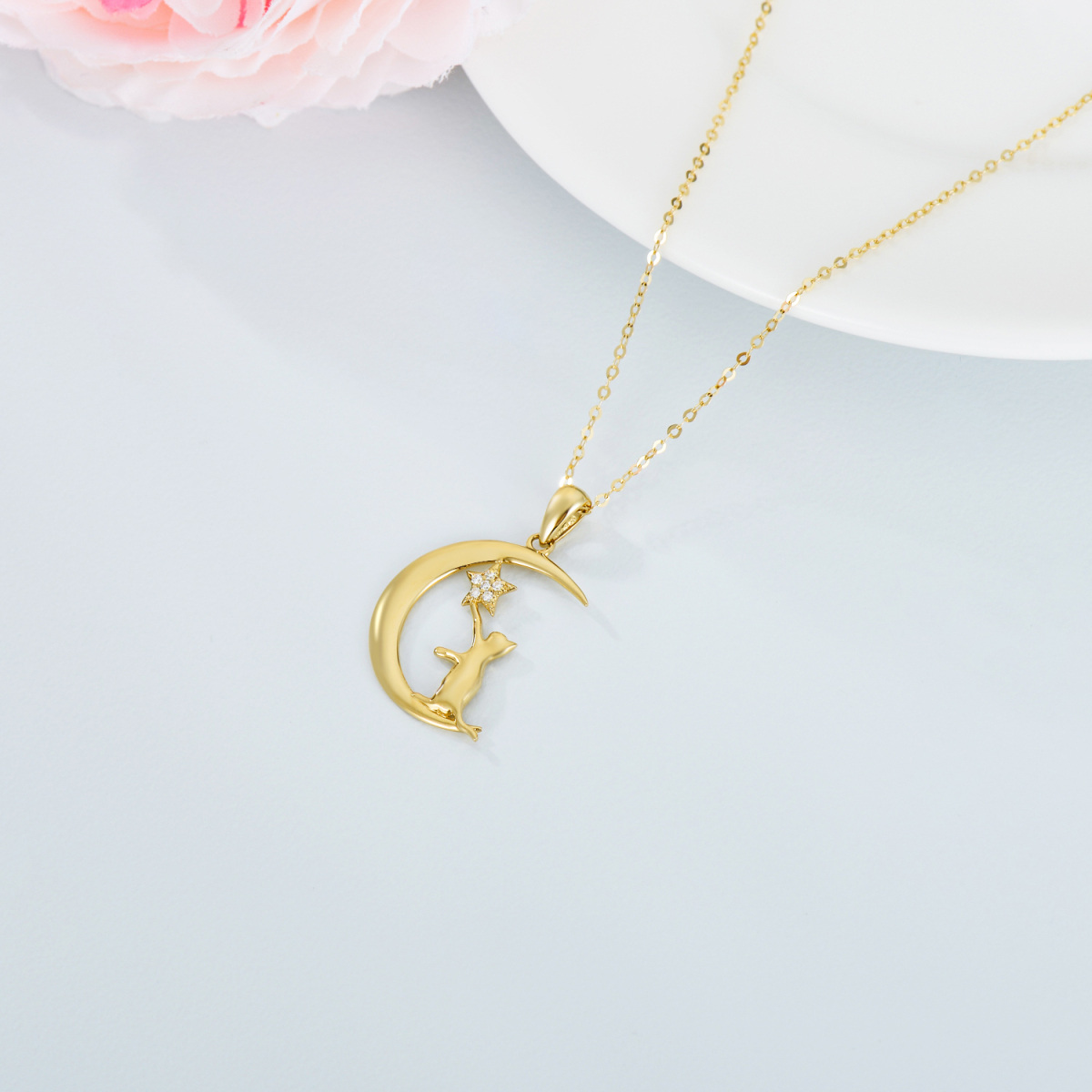 14K Gold Moissanite Cat & Moon Pendant Necklace-5