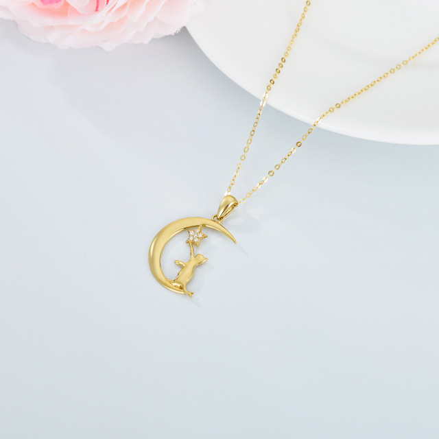 14K Gold Moissanite Cat & Moon Pendant Necklace-4