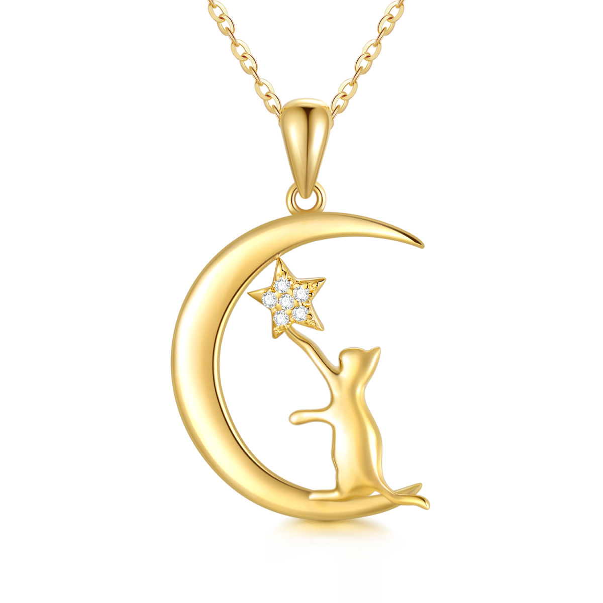14K Gold Moissanite Cat & Moon Pendant Necklace-1