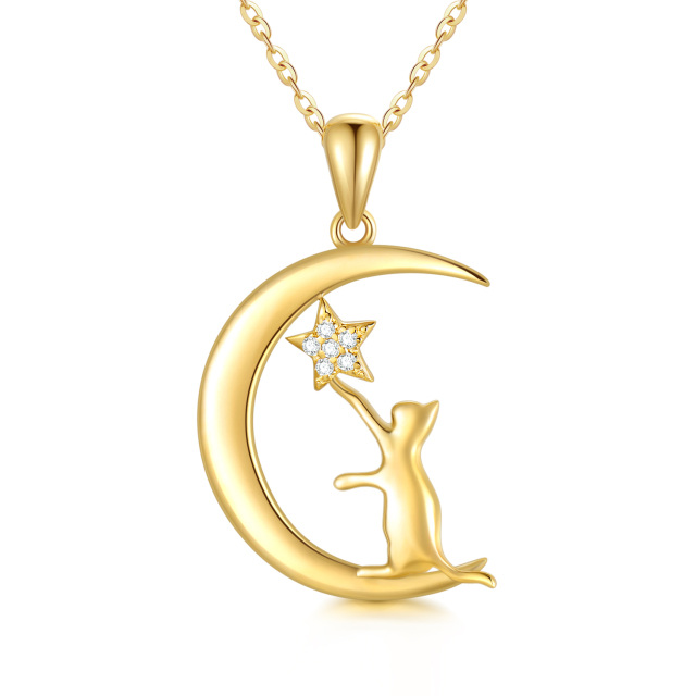 14K Gold Moissanite Cat & Moon Pendant Necklace-0