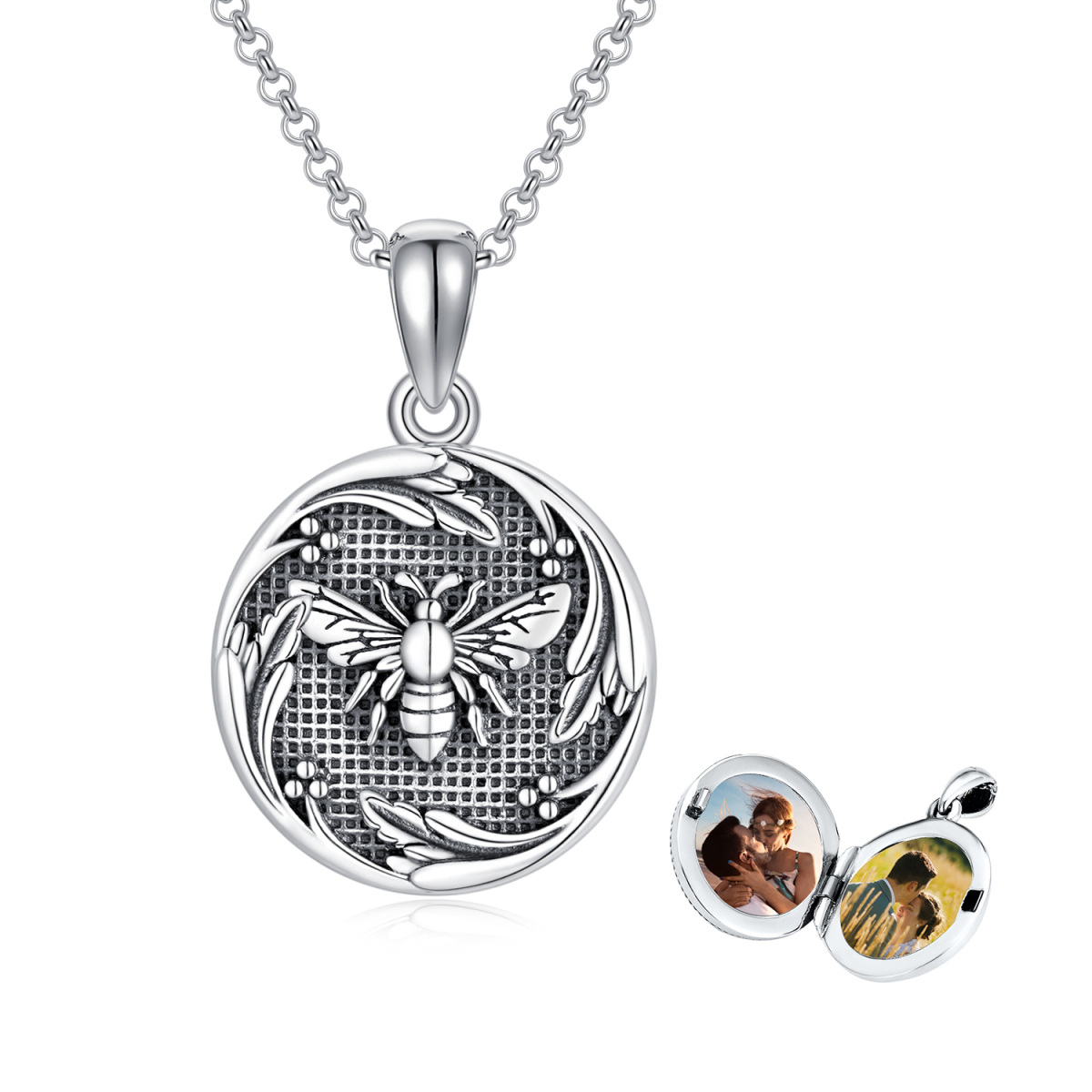 Sterling Silver Bees Personalized Photo Locket Necklace-1