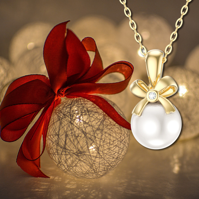 14K Gold Circular Shaped Pearl Bowknot Pendant Necklace-4